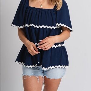RIC RAC PUFF SLEEVE TOP NAVY Size Large